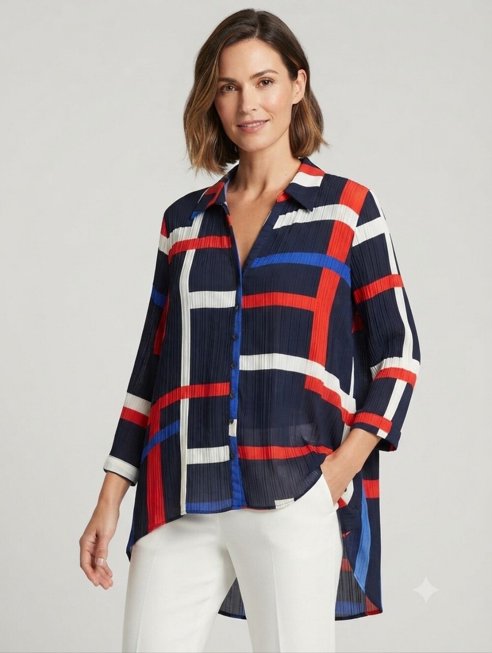 Valerie Stevens Plaid Colorblock High Low Button Front Tunic Blouse XL EUC